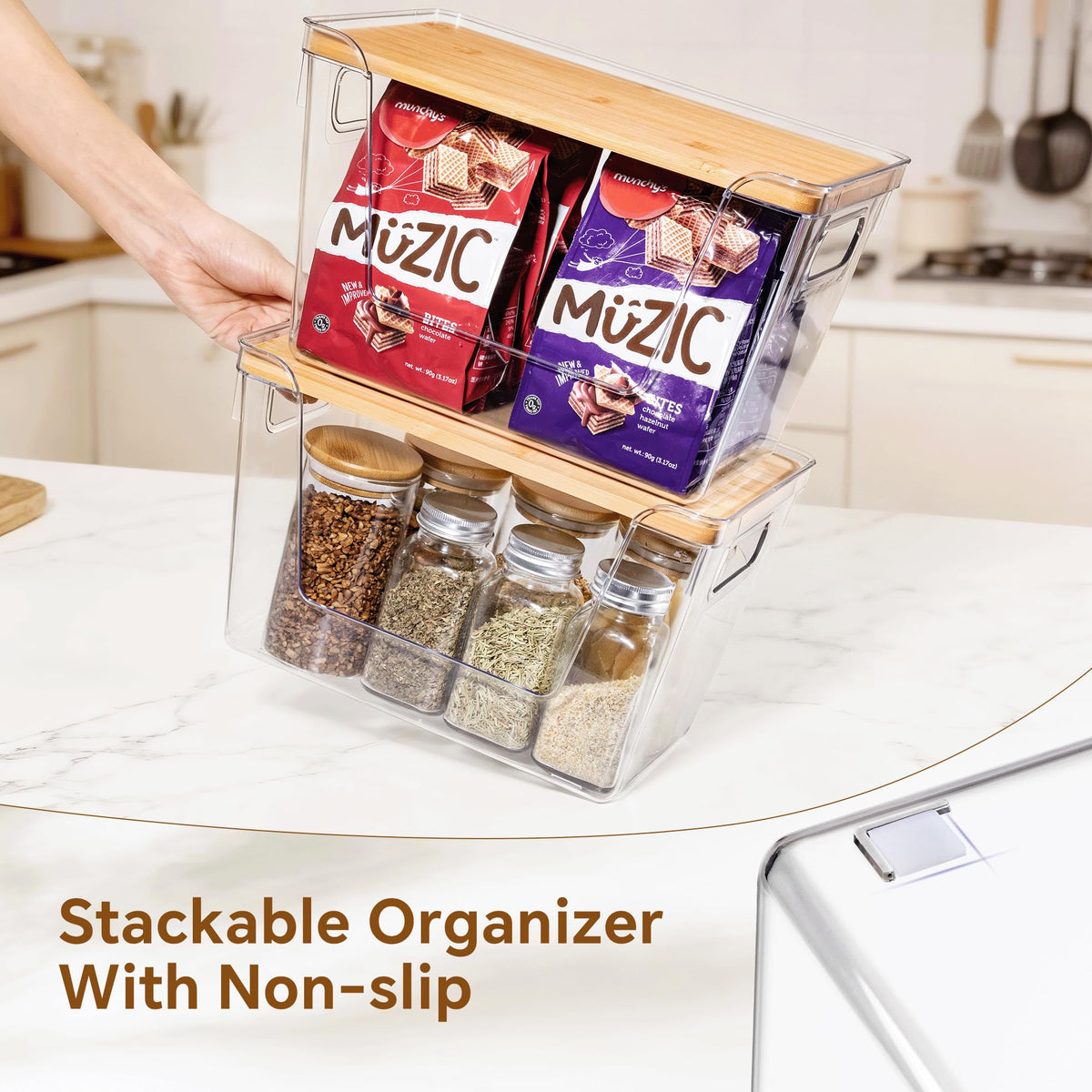 Criusia under‑sink organization setup using stackable bins for vertical space.