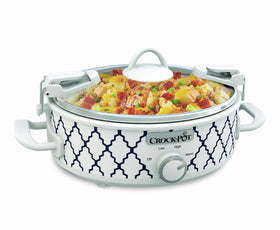Crock-Pot 2.5 quart casserole in white and blue, compact for small dinners.