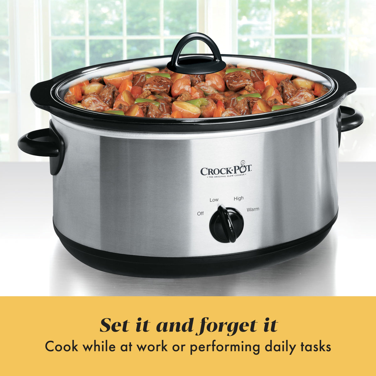 Crock-Pot 7-Quart slow cooker warm function helps keep dishes ready to serve