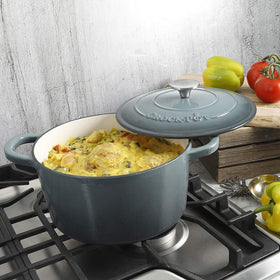 Slate-gray enamel surface resists sticking for easy cleanup.