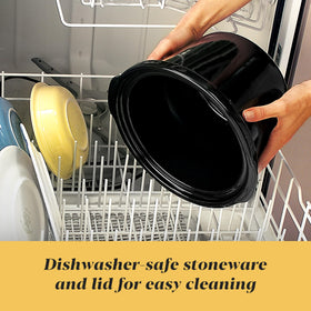 Dishwasher-safe lid and stoneware simplify cleanup after dips and sides.