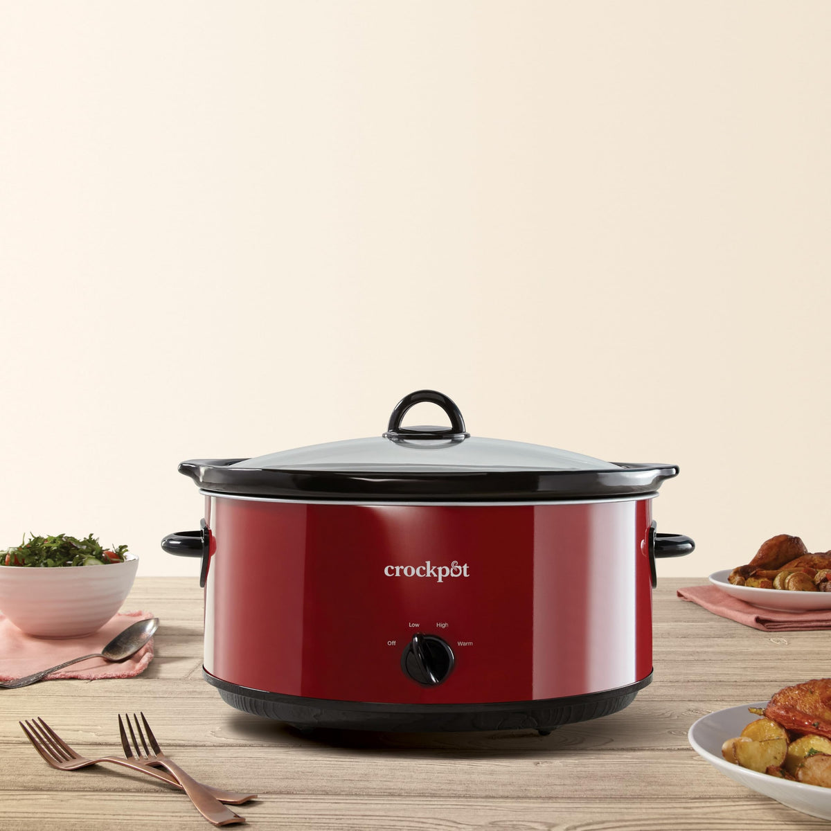 Crock-Pot dishwasher-safe stoneware and red lid simplify cleanup after meals.