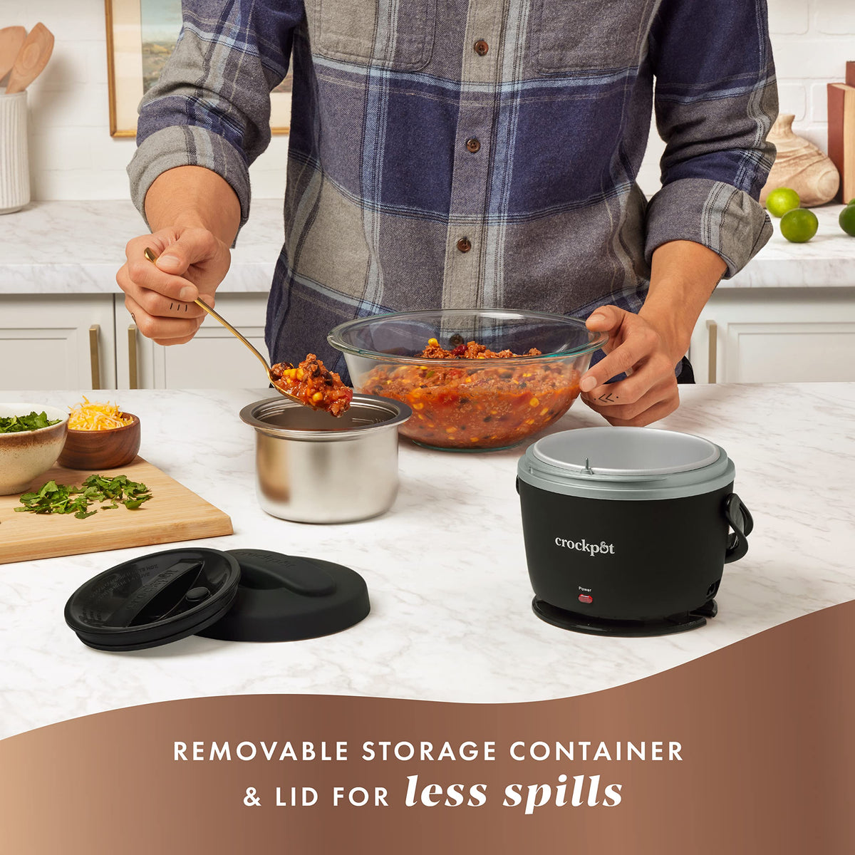 Crock-Pot electric lunch box soft-touch exterior for comfortable grip.