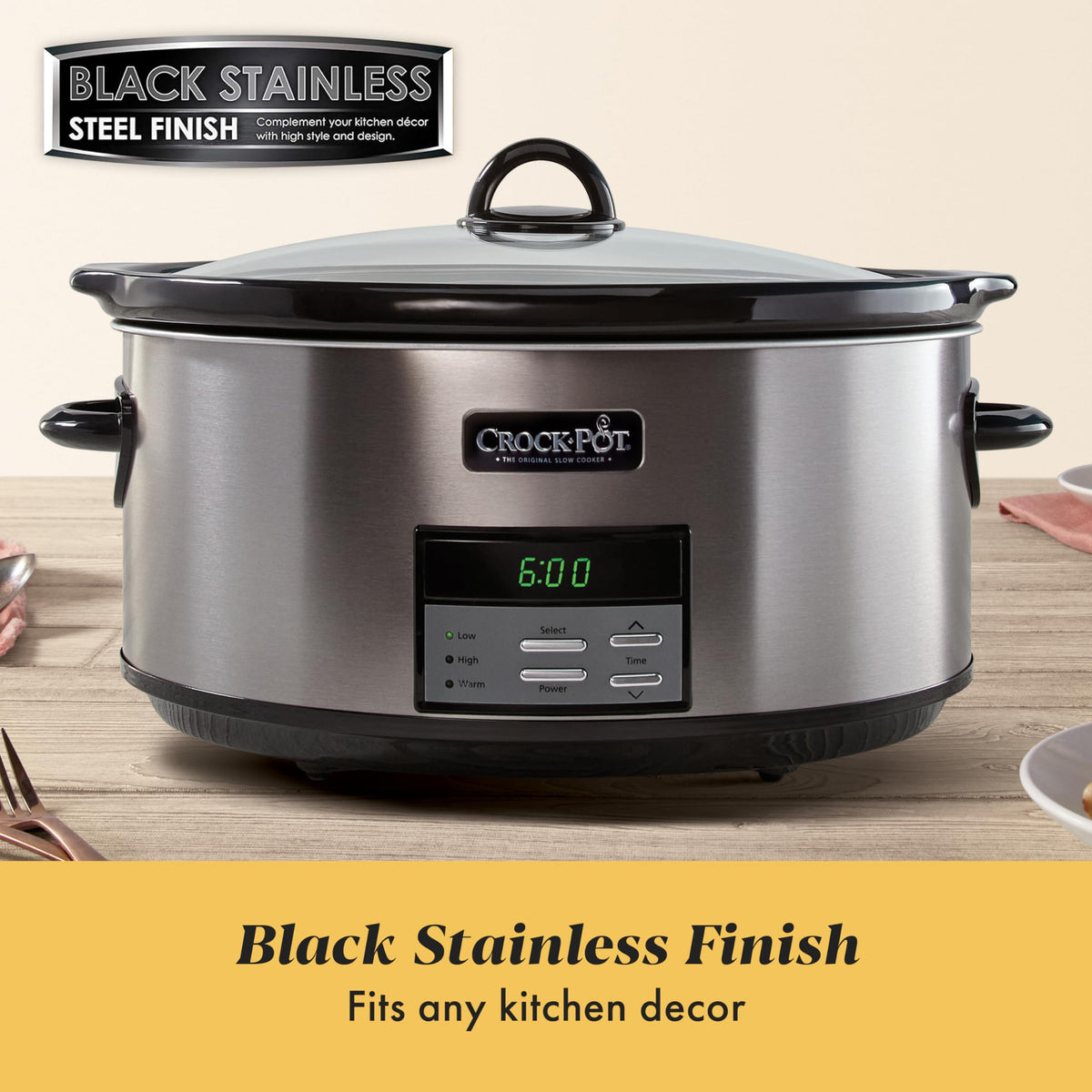 Crock-Pot black stainless finish complements modern kitchens while staying easy to wipe clean.