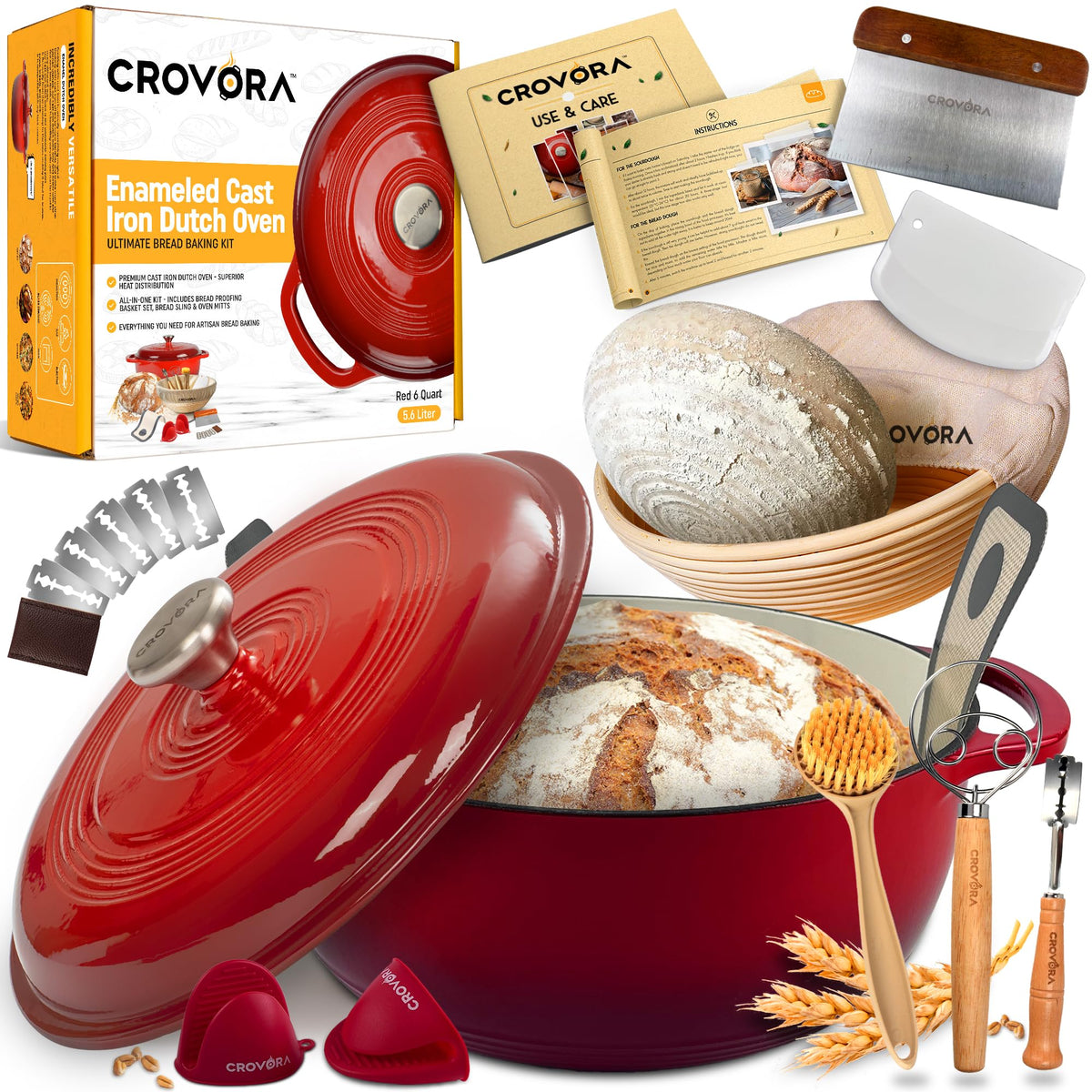 Crovora 6 Qt enameled cast iron Dutch oven with lid for even heat and crust development.