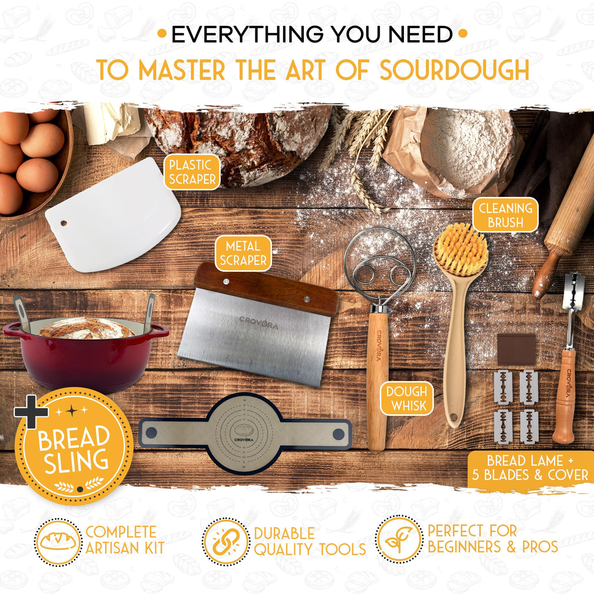 Crovora bread pan and tools to streamline baking setup.