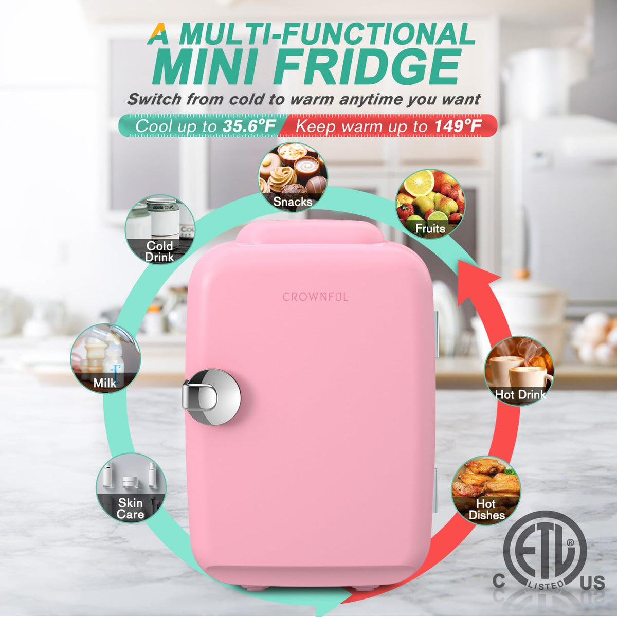 CROWNFUL skin-care fridge storing cosmetics neatly and accessibly.