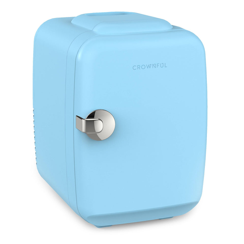 CROWNFUL mini fridge cooling interior with skincare and drinks.