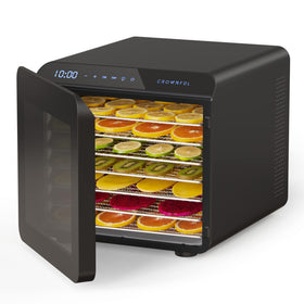CROWNFUL food dehydrator front view highlighting compact design for even drying