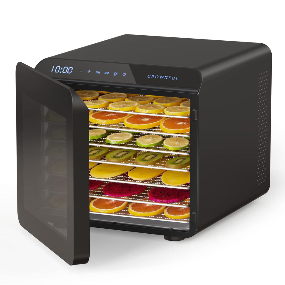 CROWNFUL food dehydrator front view highlighting compact design for even drying