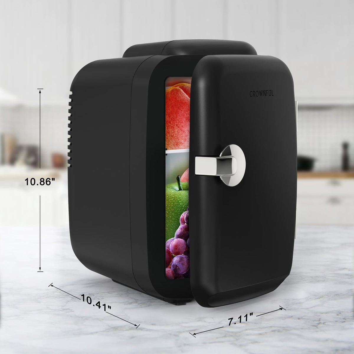 Crownful mini fridge compatible with home outlets and 12V car chargers.