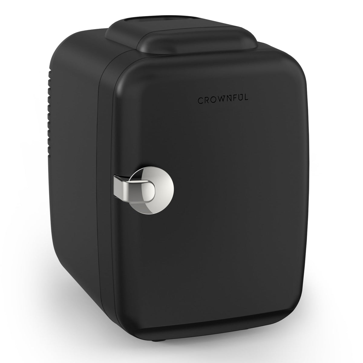 Crownful mini fridge exterior in black for compact storage in bedrooms or offices.