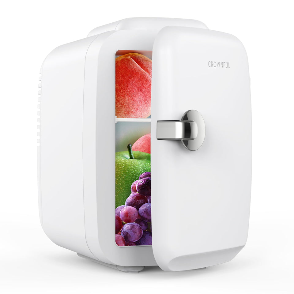 CROWNFUL mini fridge front view, compact skincare and beverage storage in one unit.