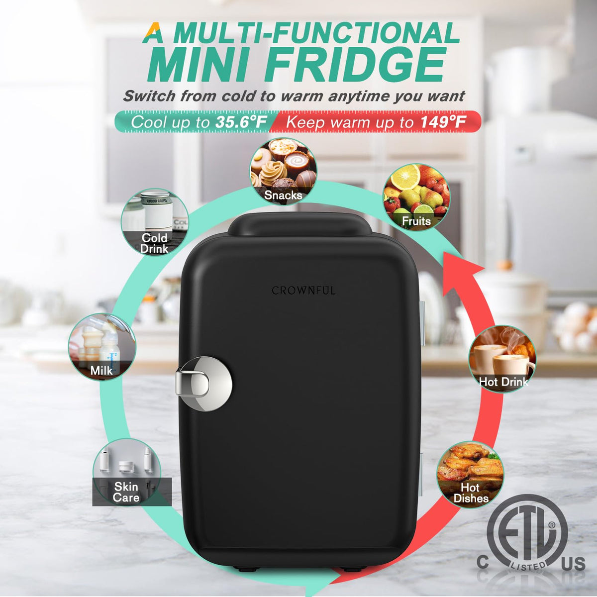 Crownful mini fridge quiet operation in a bedroom setting.