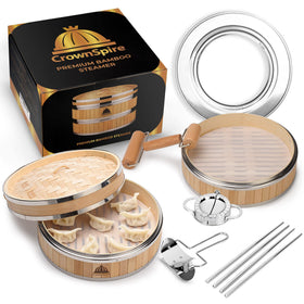 CrownSpire 2-tier bamboo steamer ready to steam dumplings and vegetables for healthy meals