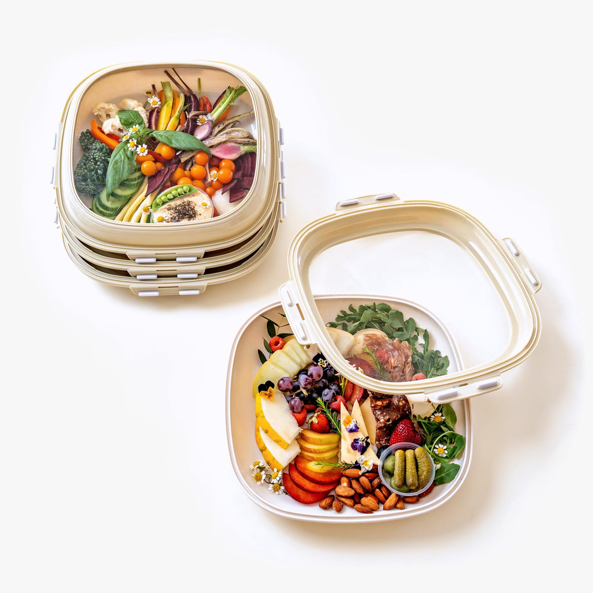 Crudités portable snack tray square 4-pack in cream white for on-the-go meals.