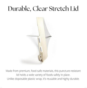 Crudités reversible stretch lid seals freshness during travel.