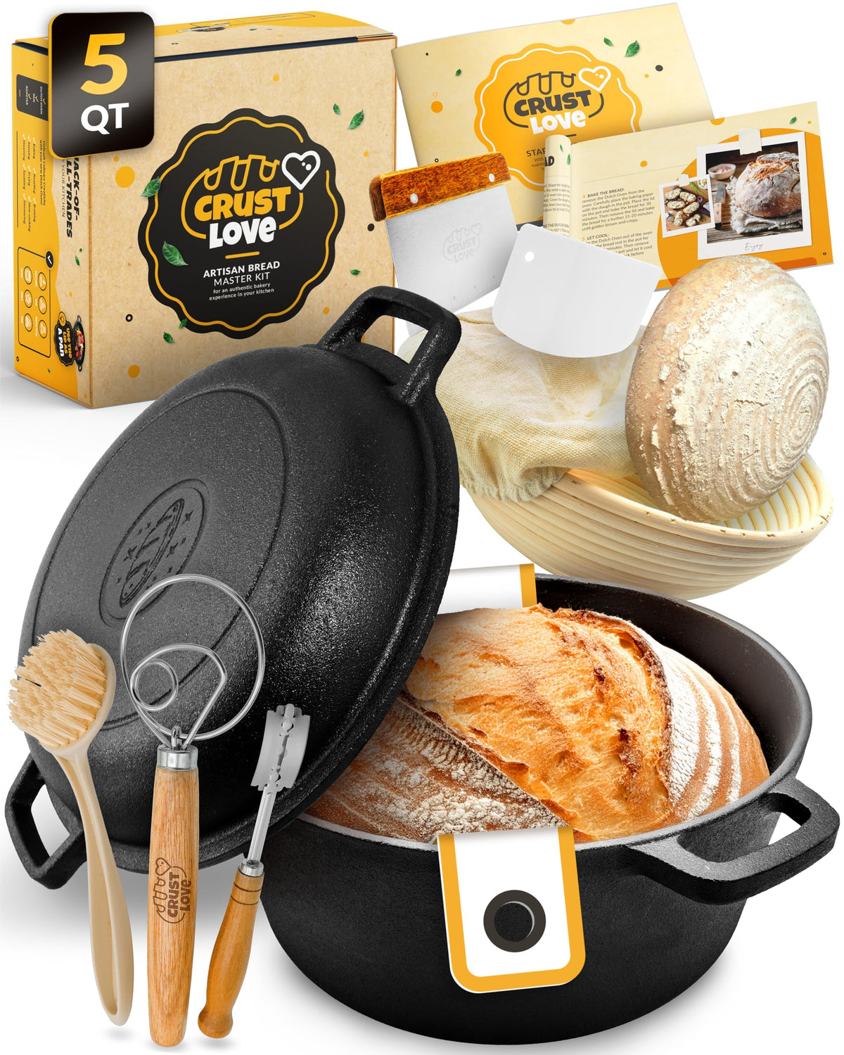 CRUSTLOVE cast iron Dutch oven with lid for even heat and crisp bread crust.