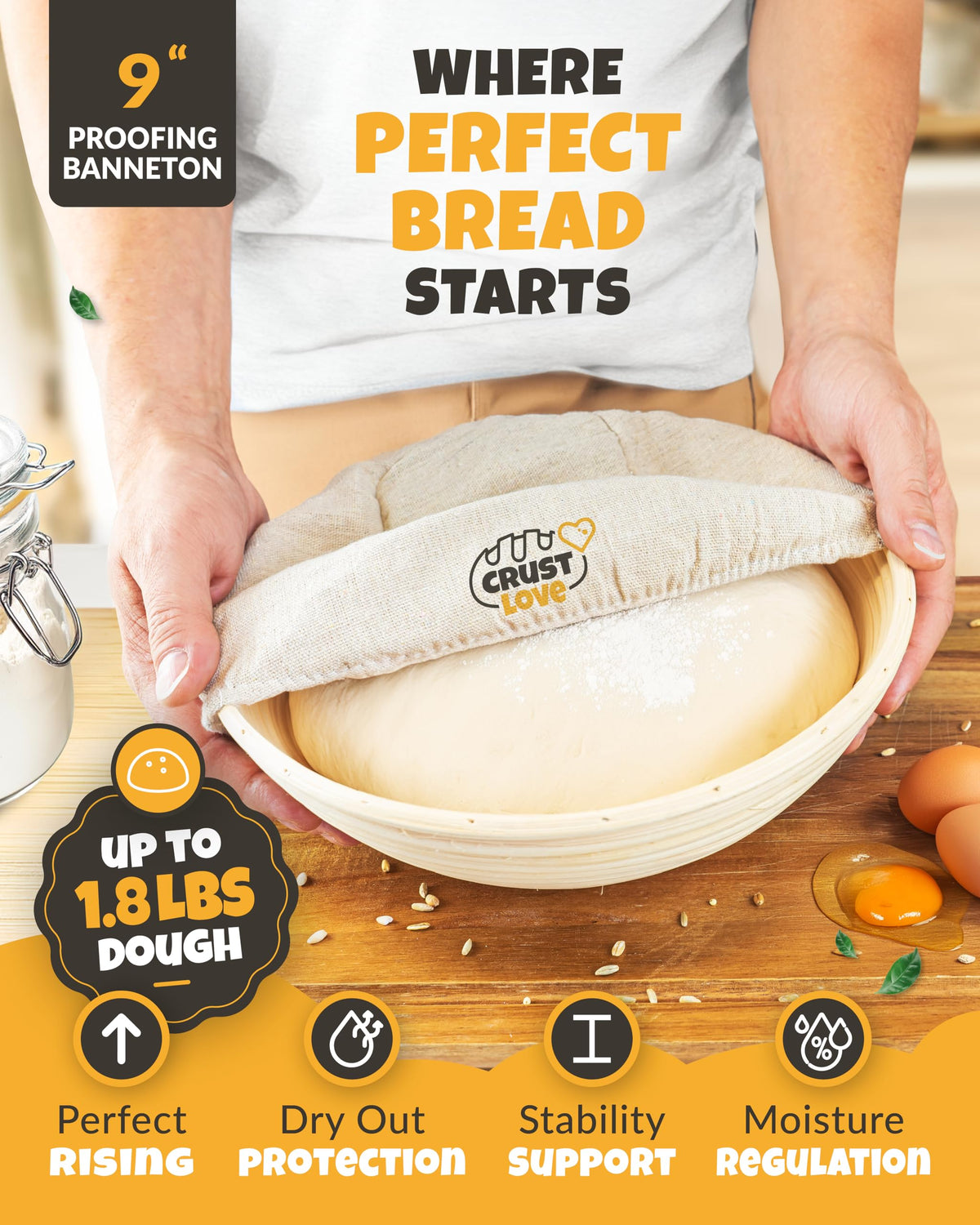 CRUSTLOVE dough whisk helps mix and aerate dough smoothly.