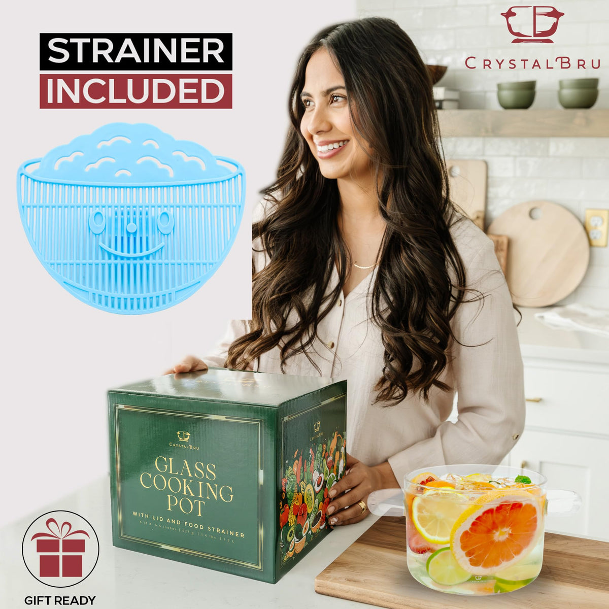Crystalbru lid with clip-on strainer for quick draining and aroma infusion