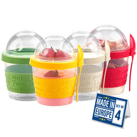 Crystalia 4-pack yogurt parfait cups with leak-proof lids for mess-free meals.