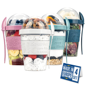 Crystalia yogurt parfait cups with toppings compartments for on-the-go meals.