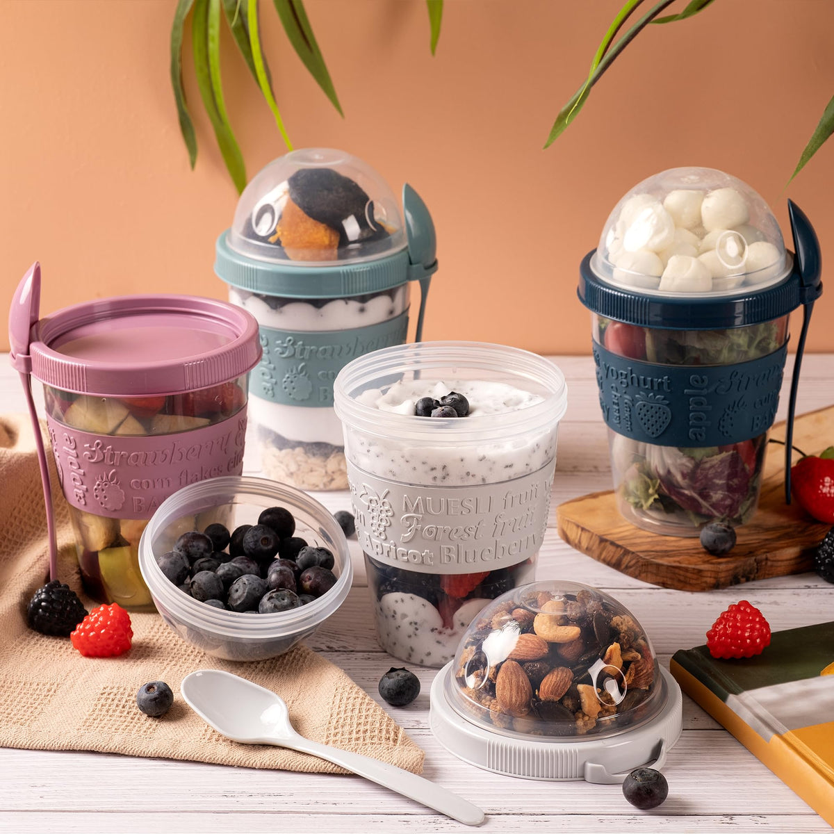 Crystalia cups with separate sections to customize yogurt, oats, or cereal.