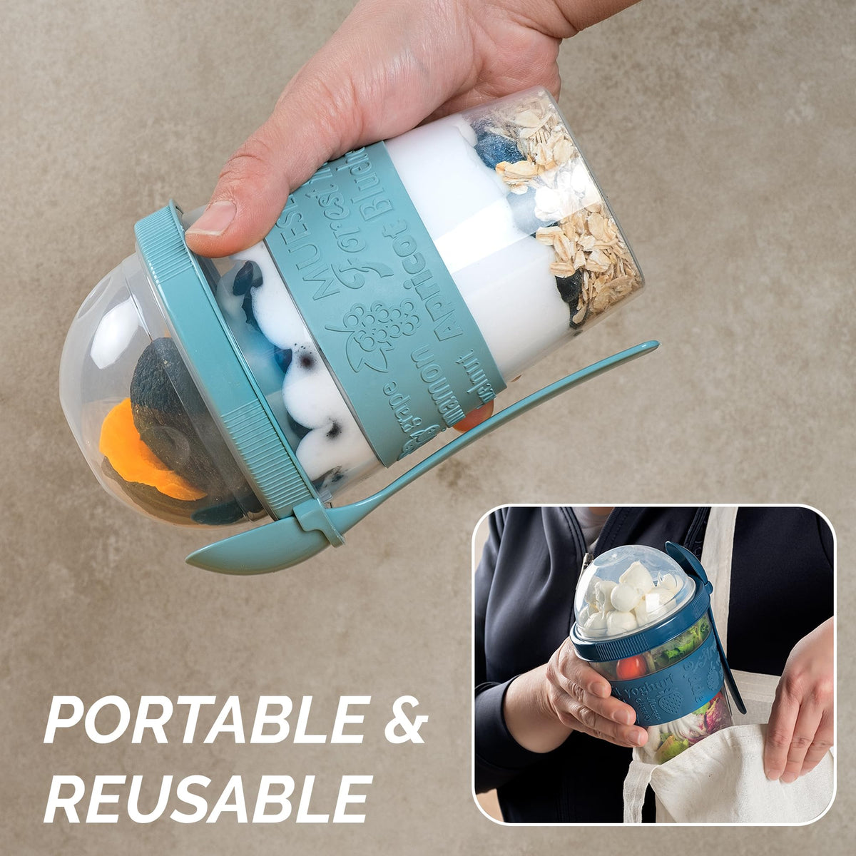 Crystalia take-and-go containers for cereal or oatmeal on commutes.