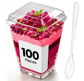 Crystry 5 oz clear cups with lids and spoons, ideal for single-serve parfaits.