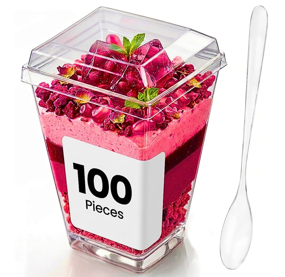 Crystry 5 oz clear cups with lids and spoons, ideal for single-serve parfaits.