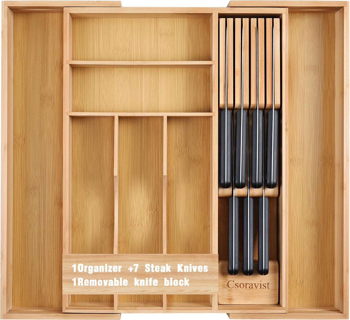 Csoravist 9-Piece Bamboo Drawer Organizer with knife block keeps knives safely stored and within reach.