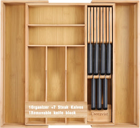 Csoravist 9-Piece Bamboo Drawer Organizer with knife block keeps knives safely stored and within reach.
