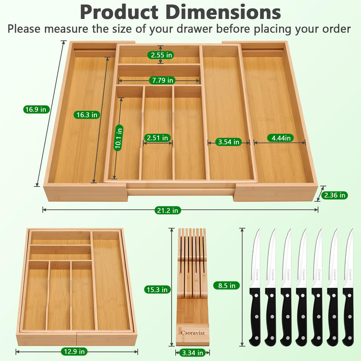 Csoravist expandable drawer organizer expands to fit larger drawers for versatile storage.
