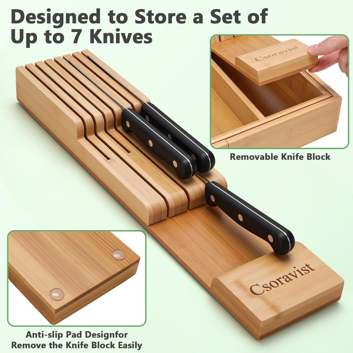 Csoravist natural bamboo drawer organizer close-up, durable and easy to clean.