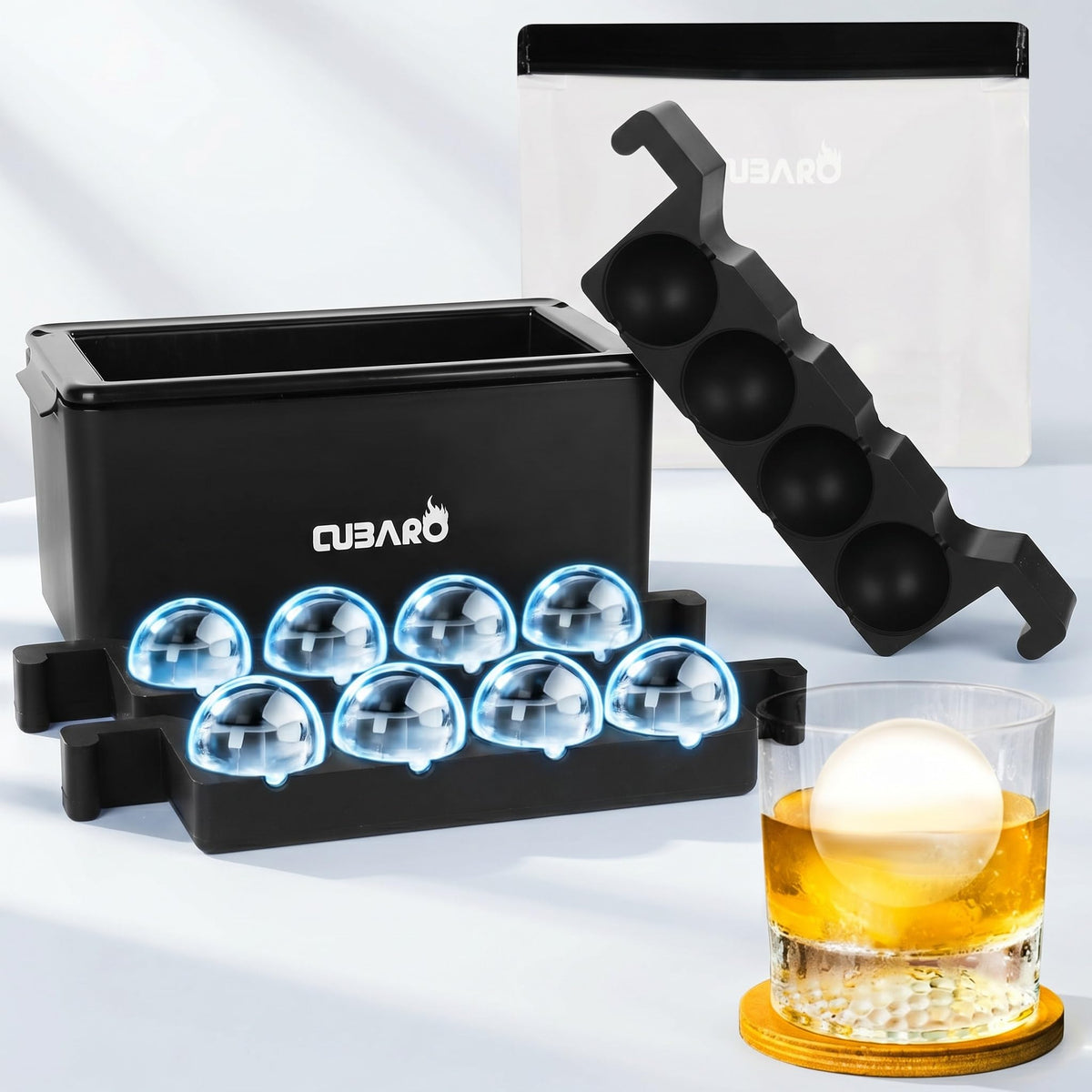CUBARO clear ice ball maker front view showing bar-quality, slow-melt spheres.