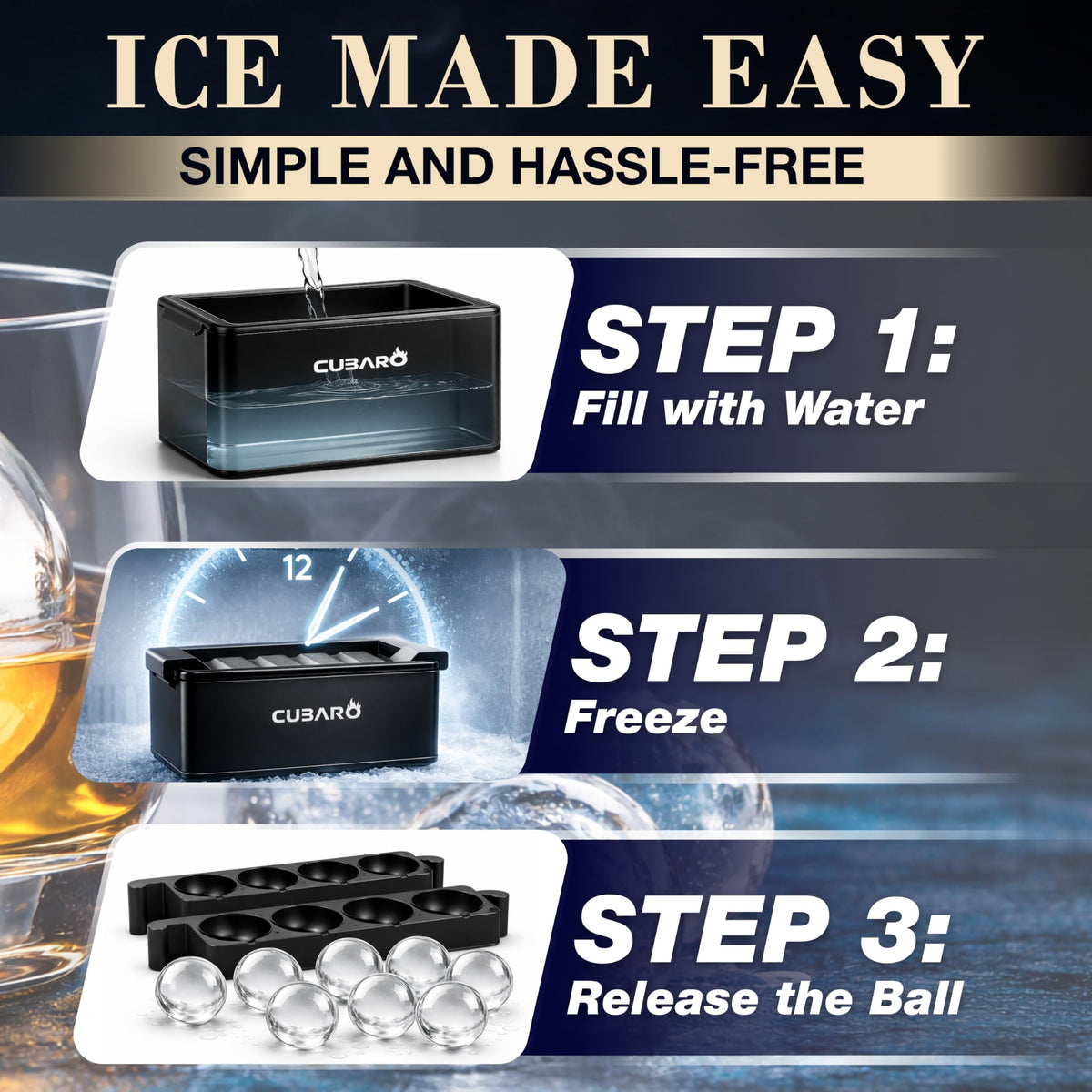 CUBARO release eight spheres view displays eight two-inch ice spheres ready to serve.