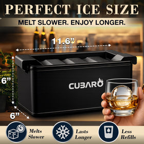 CUBARO clear ice ball maker side view highlighting durable hard-shell construction for directional freezing.