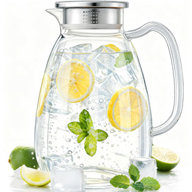 CubbyHaven glass pitcher with lid and handle for easy serving.