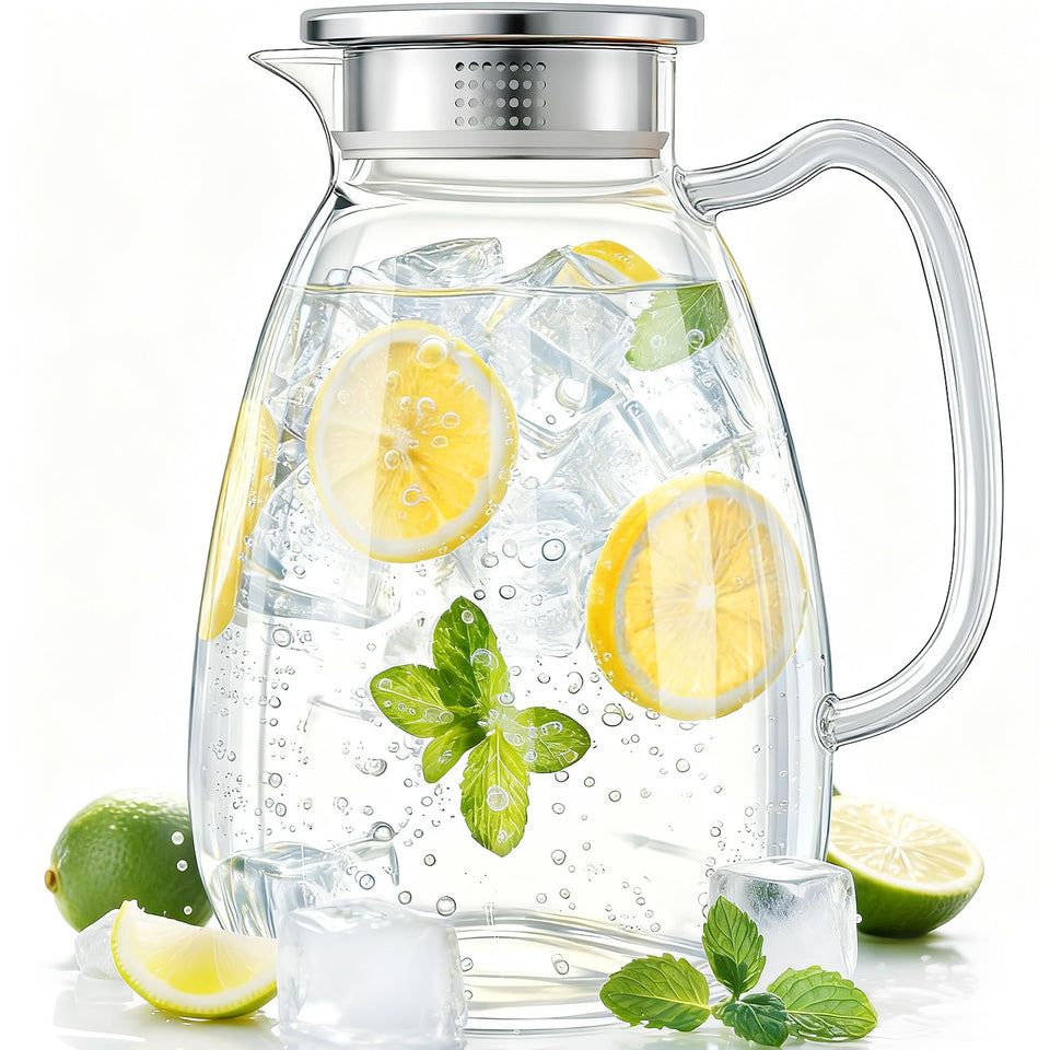 CubbyHaven glass pitcher with lid and handle for easy serving.