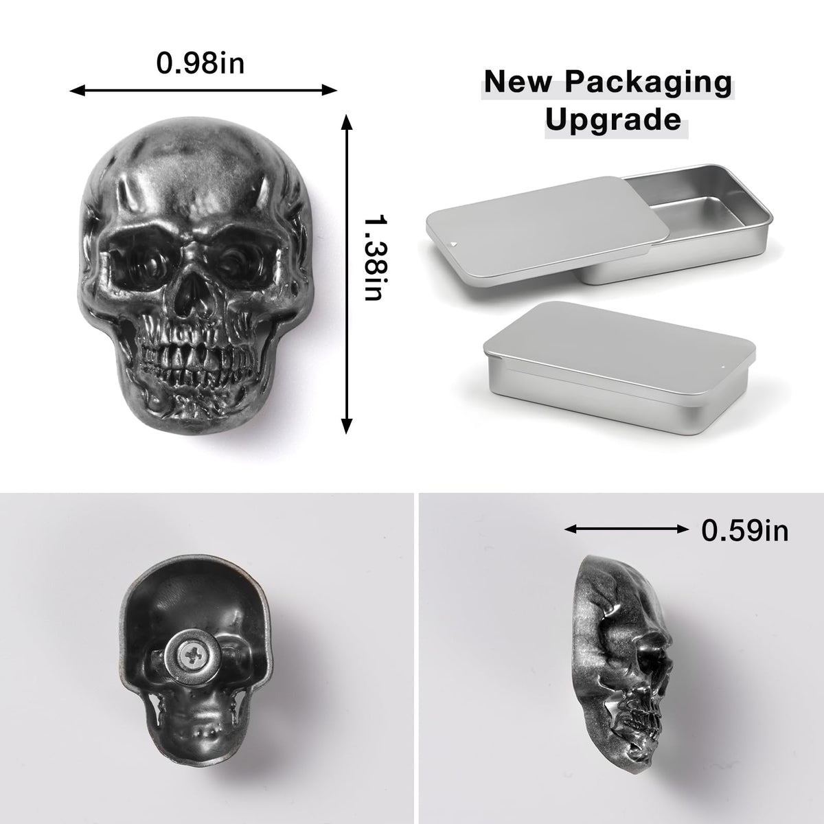 Cucaledo skull magnets metal box packaging for gift-ready presentation.