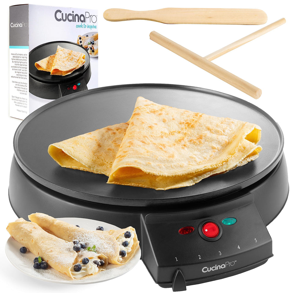 CucinaPro 12 inch crepe maker on a kitchen counter for brunch and everyday breakfasts