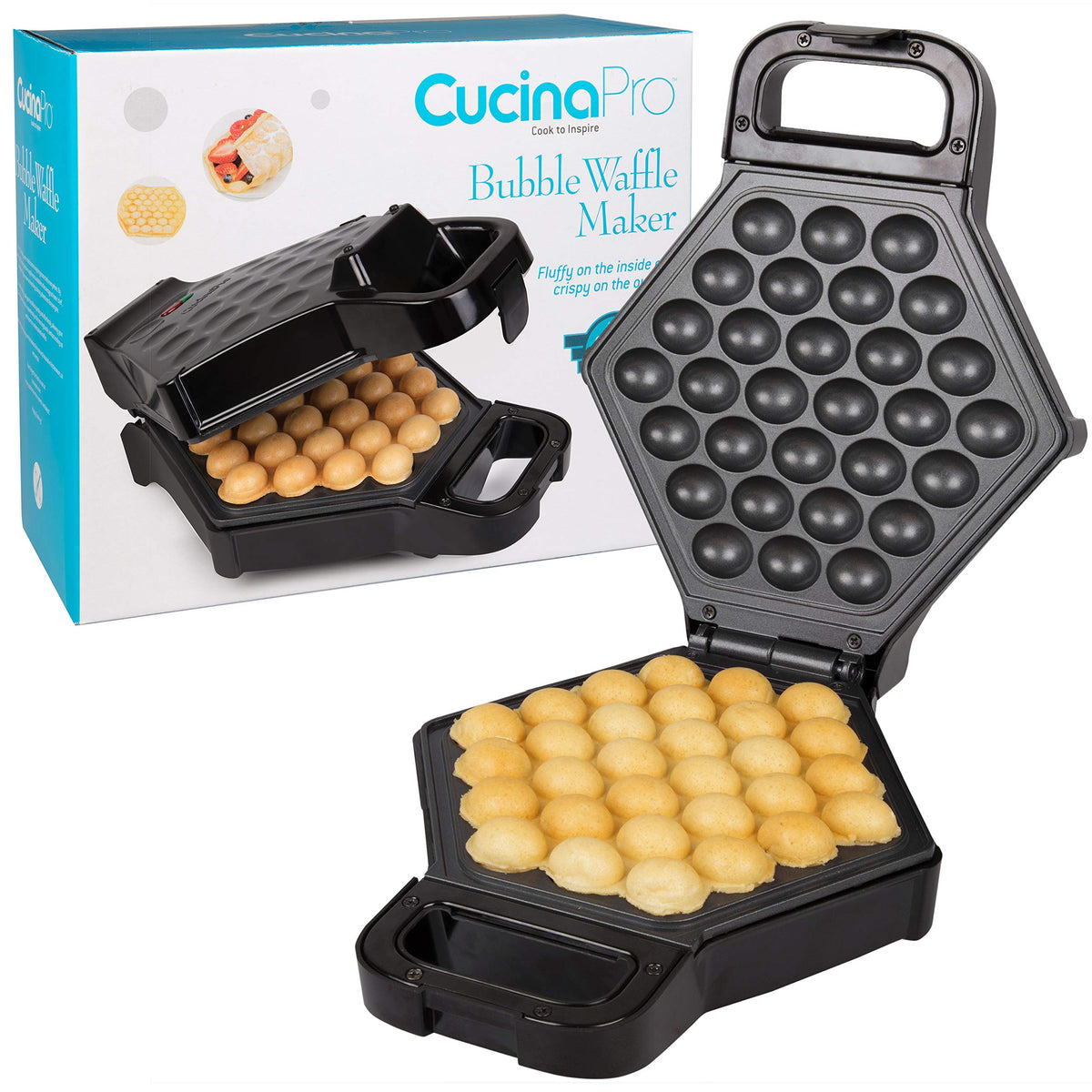 CucinaPro Bubble Waffle Maker finished waffles with rich toppings and smiles.