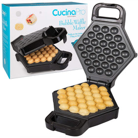 CucinaPro Bubble Waffle Maker finished waffles with rich toppings and smiles.