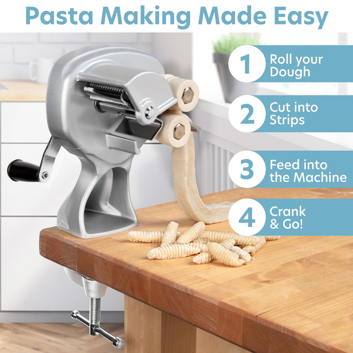 Hand-crank operation shown on the CucinaPro cavatelli machine