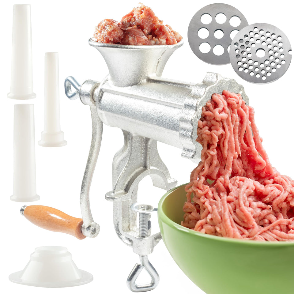 CucinaPro meat grinder with tabletop clamp for secure, hands-free mincing.