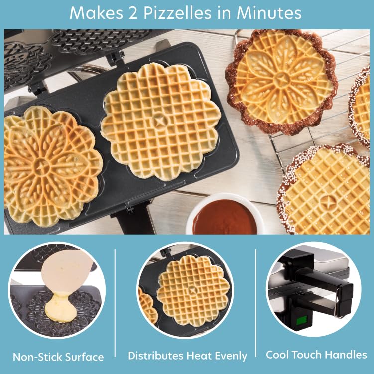CucinaPro Pizzelle Maker features nonstick plates for easy release and quick cleanup.
