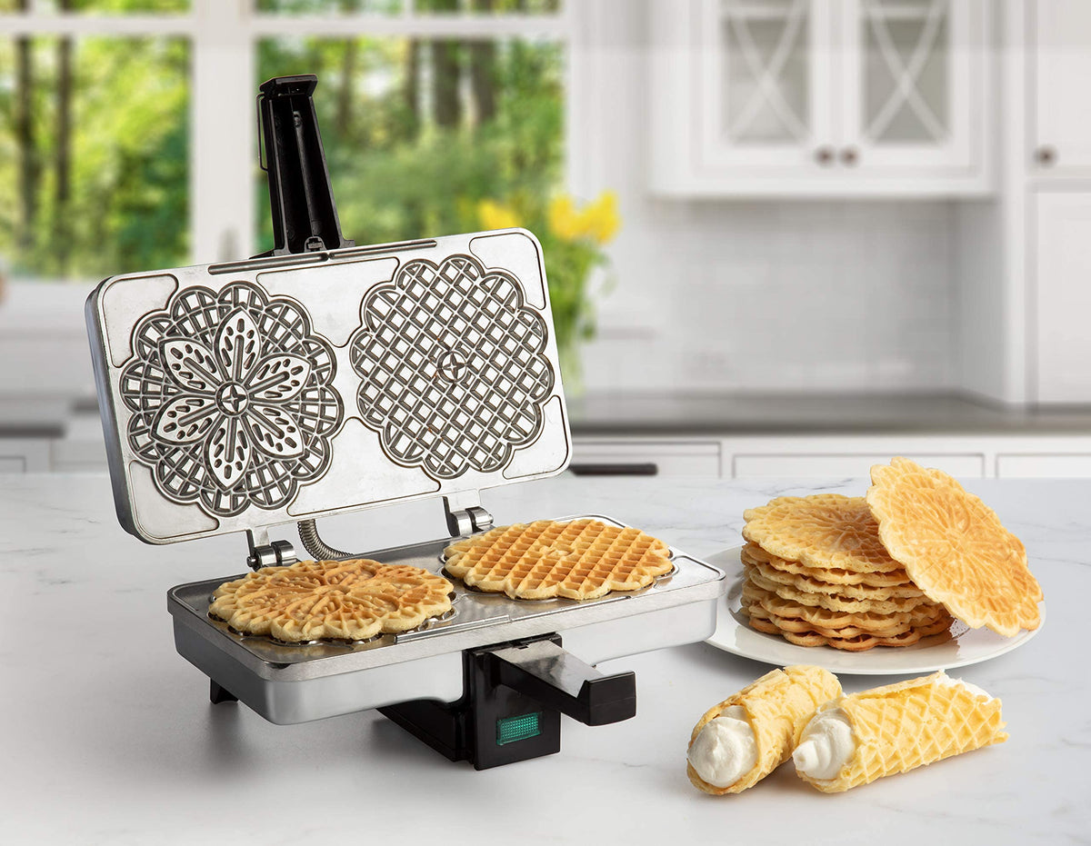 CucinaPro pizzelle maker's steam guard handle keeps hands safe during baking