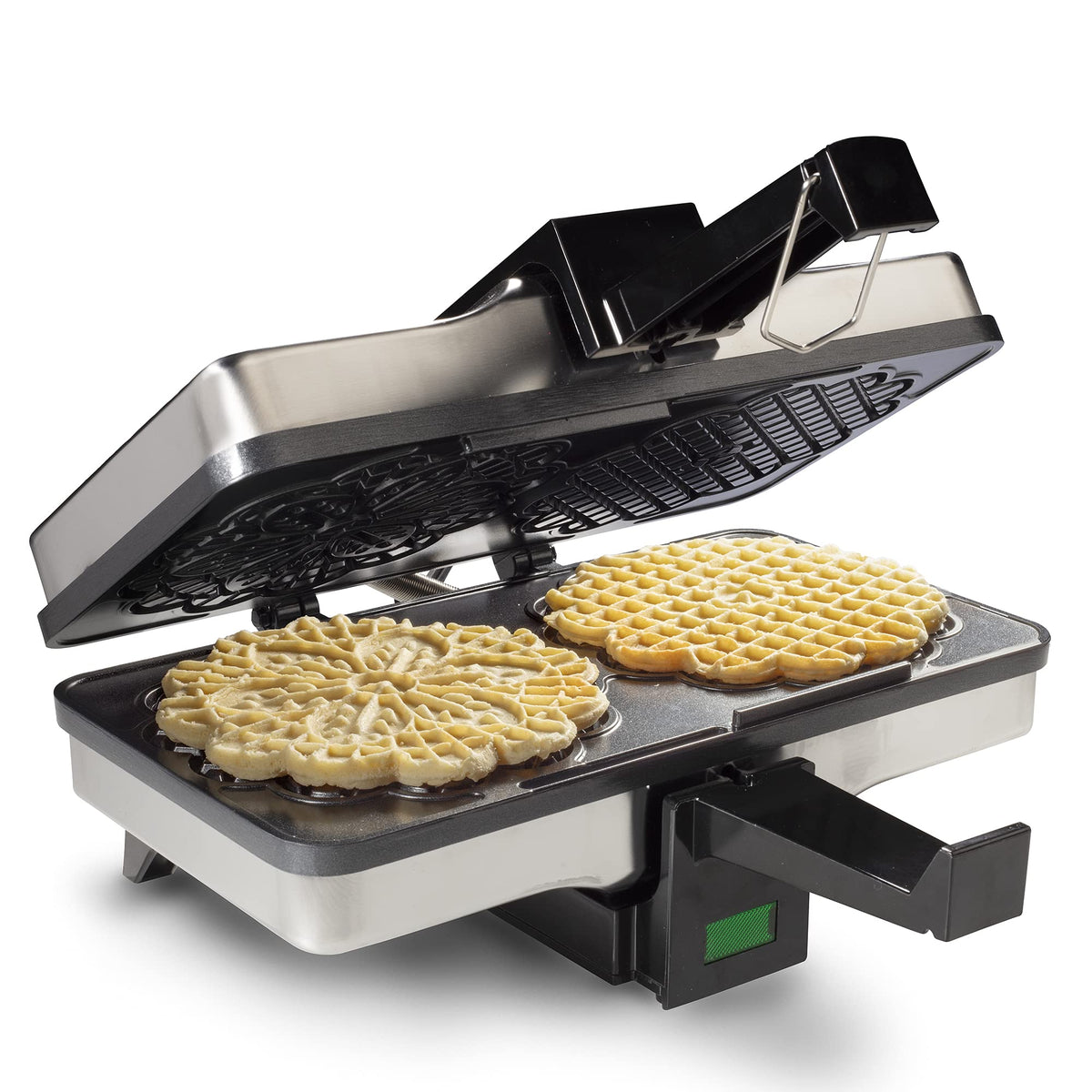 CucinaPro Pizzelle Maker bakes two 5-inch cookies at once with traditional patterns.