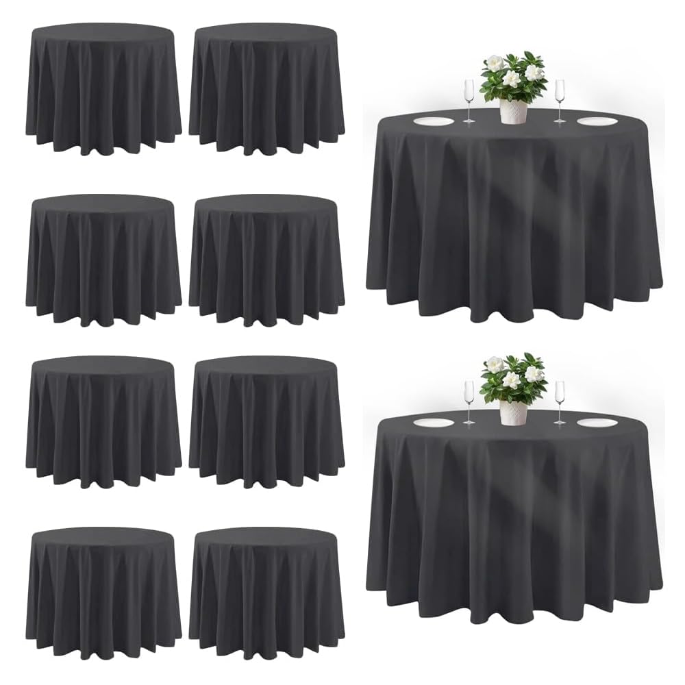 Cuckan 120-inch round tablecloth 10-pack in black, ideal for elegant wedding buffets.
