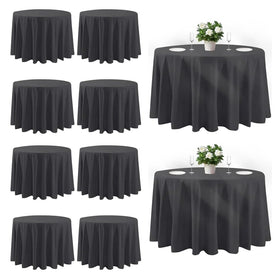 Cuckan 120-inch round tablecloth 10-pack in black, ideal for elegant wedding buffets.